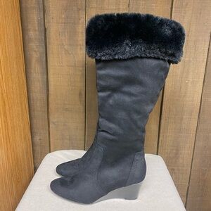 ANDREW GELLER Womens Tall Boots 7 Black Faux Suede & Fur Cuff